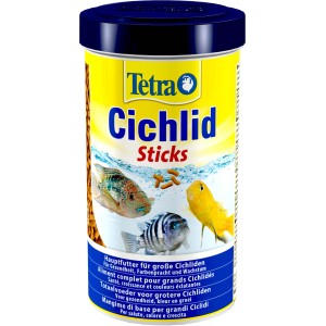 Tetra Cichlid Sticks 500ml: Alleinfutter für Cichliden mit Fischen auf der Packung.