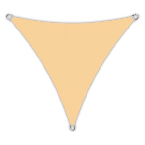 Sandfarbenes, dreieckiges Sonnensegel 4x4x4m aus PES mit UV-Schutz.