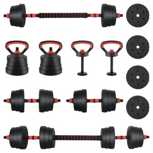 vidaXL 4-in-1 Hantelset 30kg, schwarz-rot, mit Hantel, Kurzhanteln und Kettlebell-Option.