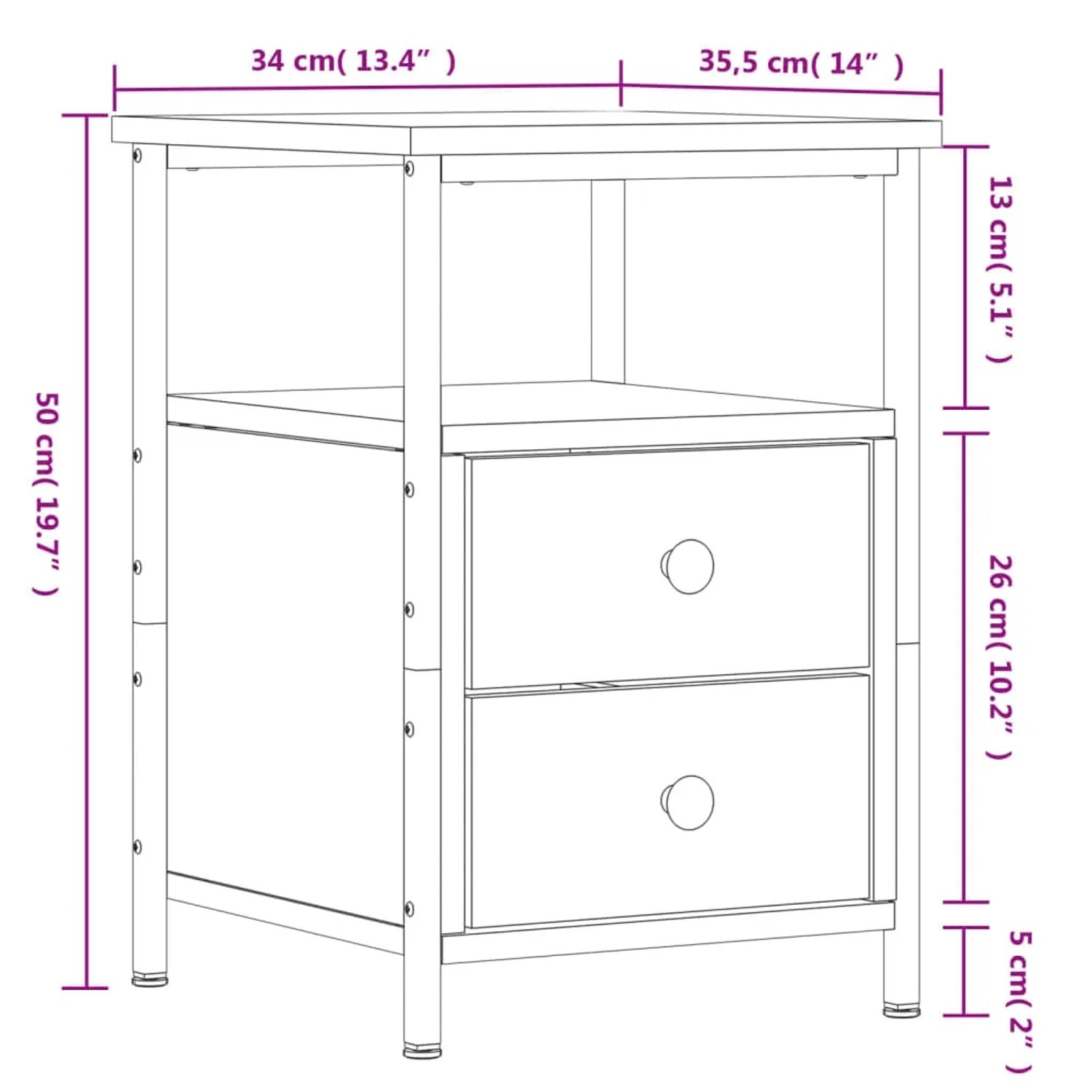 vidaXL Nachttisch Sonoma-Eiche, 34x35,5x50 cm, Holzwerkstoff mit 2 Schubladen.