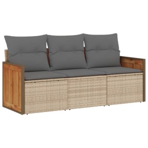 Beige 3-tlg. vidaXL Garten-Sofagarnitur aus Rattan mit grauen Kissen.