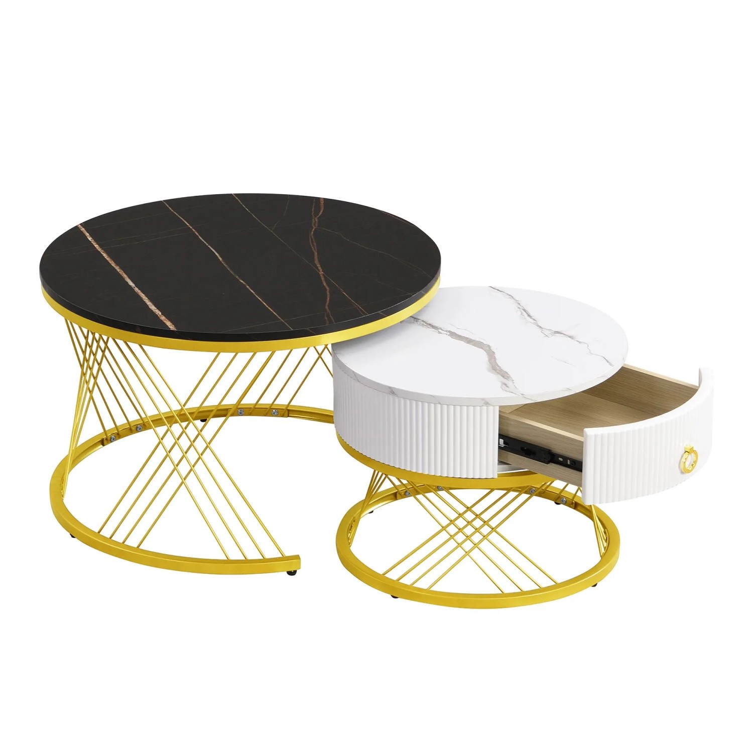 okwish Couchtisch Marmoroptik Beistelltisch mit Schubladen 78 × 77 cm Schwarz