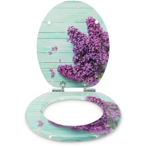 Sanfino WC-Sitz Wisteria mit Absenkautomatik, Holz, Türkis mit lila Blumenmuster.