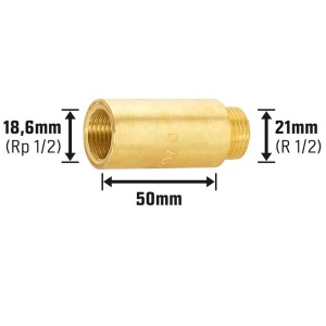Hahnverlängerung aus Messing, 50 mm, mit 18,6 mm und 21 mm Gewinde für Gewindefittings.