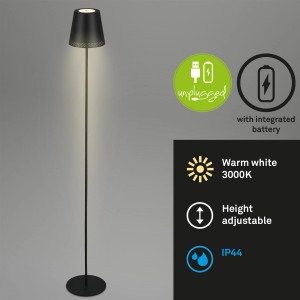 Schwarze, höhenverstellbare Brilo Akku Stehleuchte Kiki mit Touchdimmer.