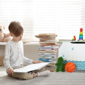 Relaxdays Spielzeugtruhe MDF Weiß Blau Mit Bücherfächern 46 cm x 84 cm x 42,5 cm 14,6 kg