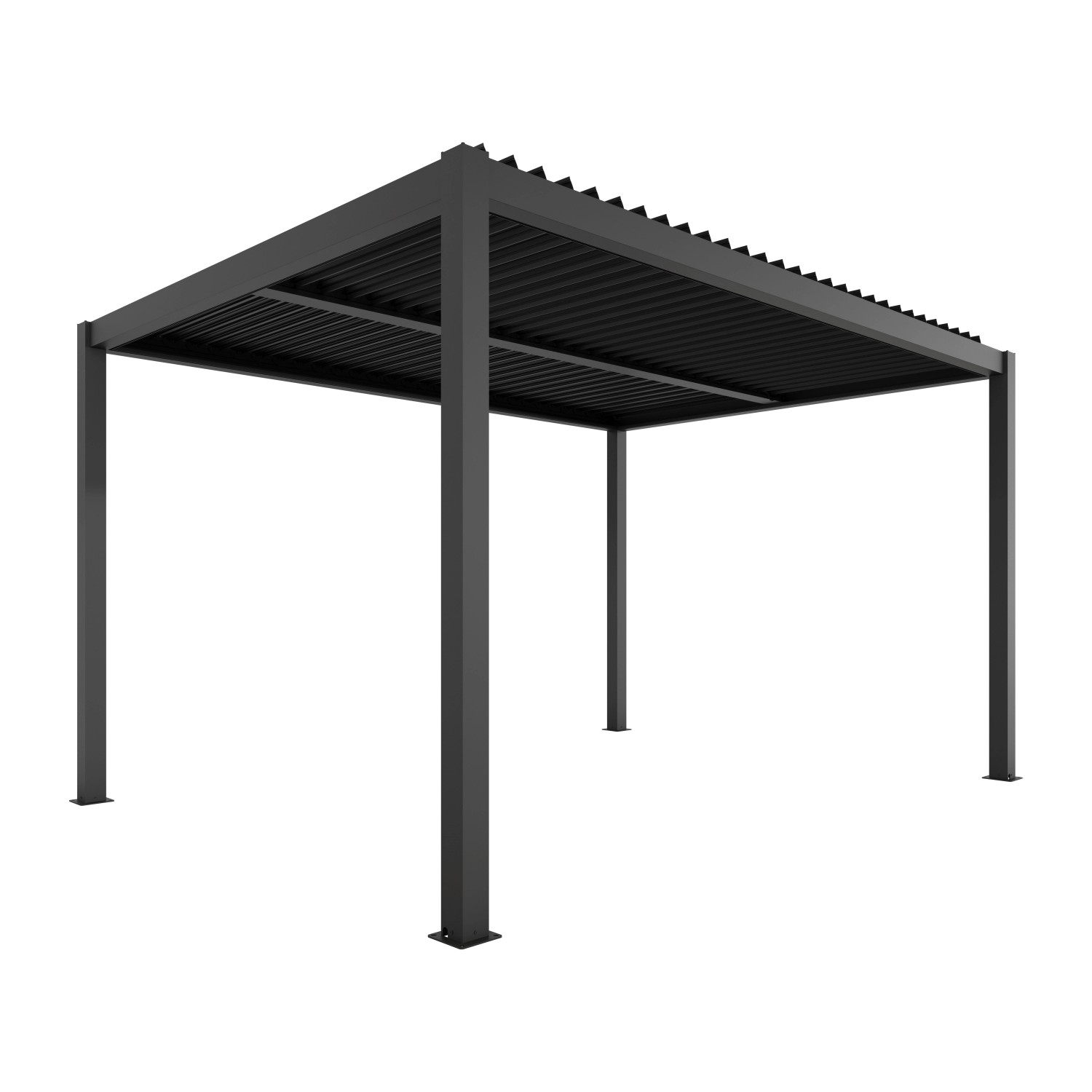 Graue Ximax Pergola Shade aus Aluminium, 300x400 cm, mit elektrischem Lamellendach und Beleuchtung.