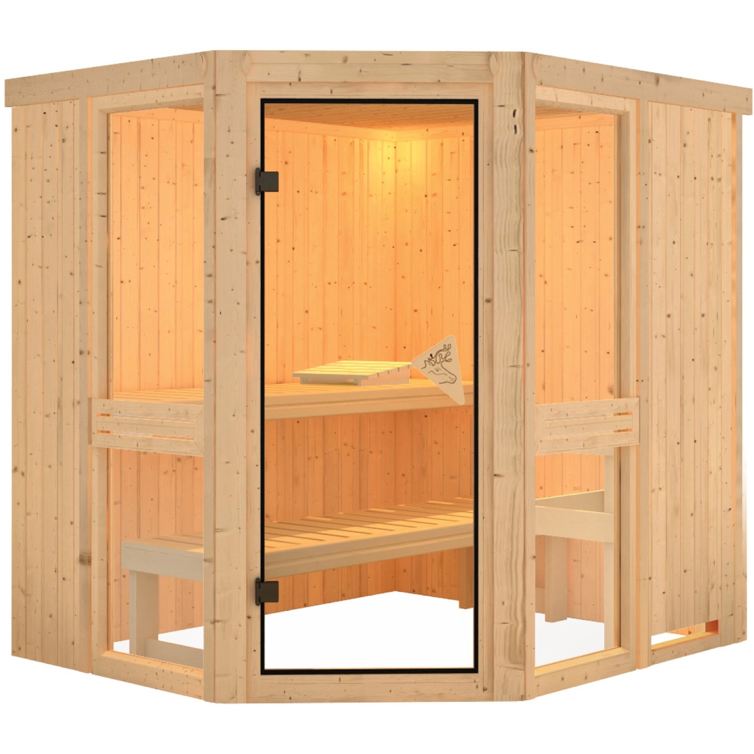 Karibu Sauna Anina 1 Natur: Elementsauna aus Fichte mit Glastür und zwei Liegen.