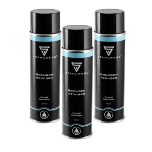 Drei schwarze STAHLWERK Bremsenreiniger 500 ml Dosen, Kaltentfetter für KFZ-Teile und Werkstatt.