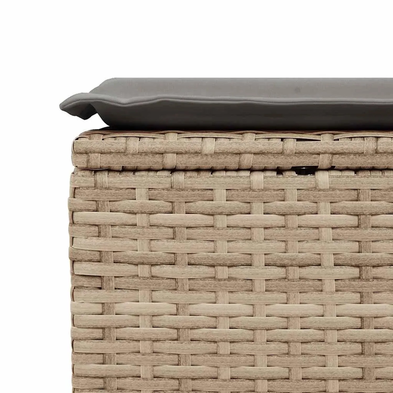 Detailaufnahme: Beige Poly Rattan Gartenmöbel mit grauem Kissen, Teil der vidaXL Sofagarnitur.
