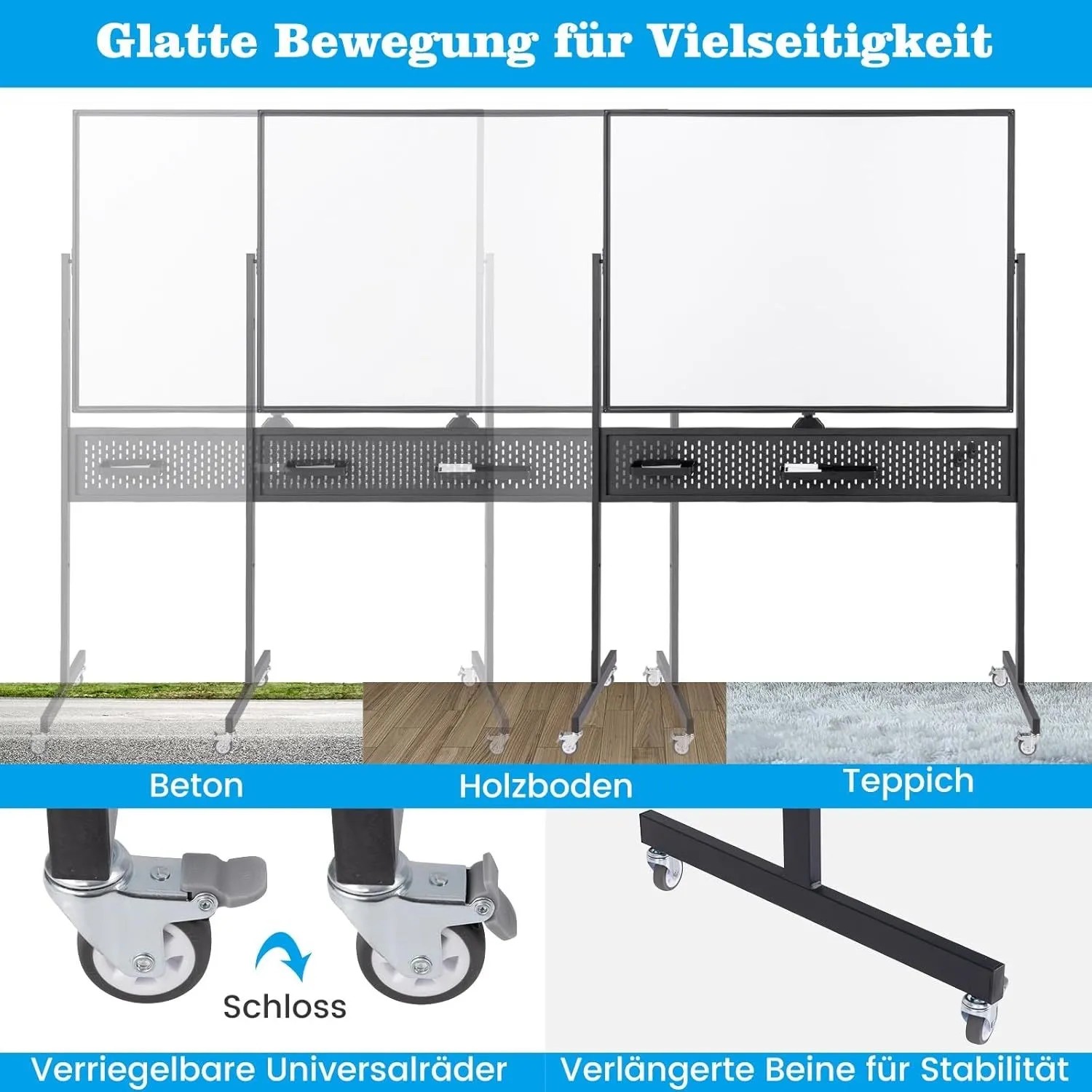 Mobiles, doppelseitiges Costway Whiteboard 120x90 cm mit Rollen und Ablage in Schwarz.