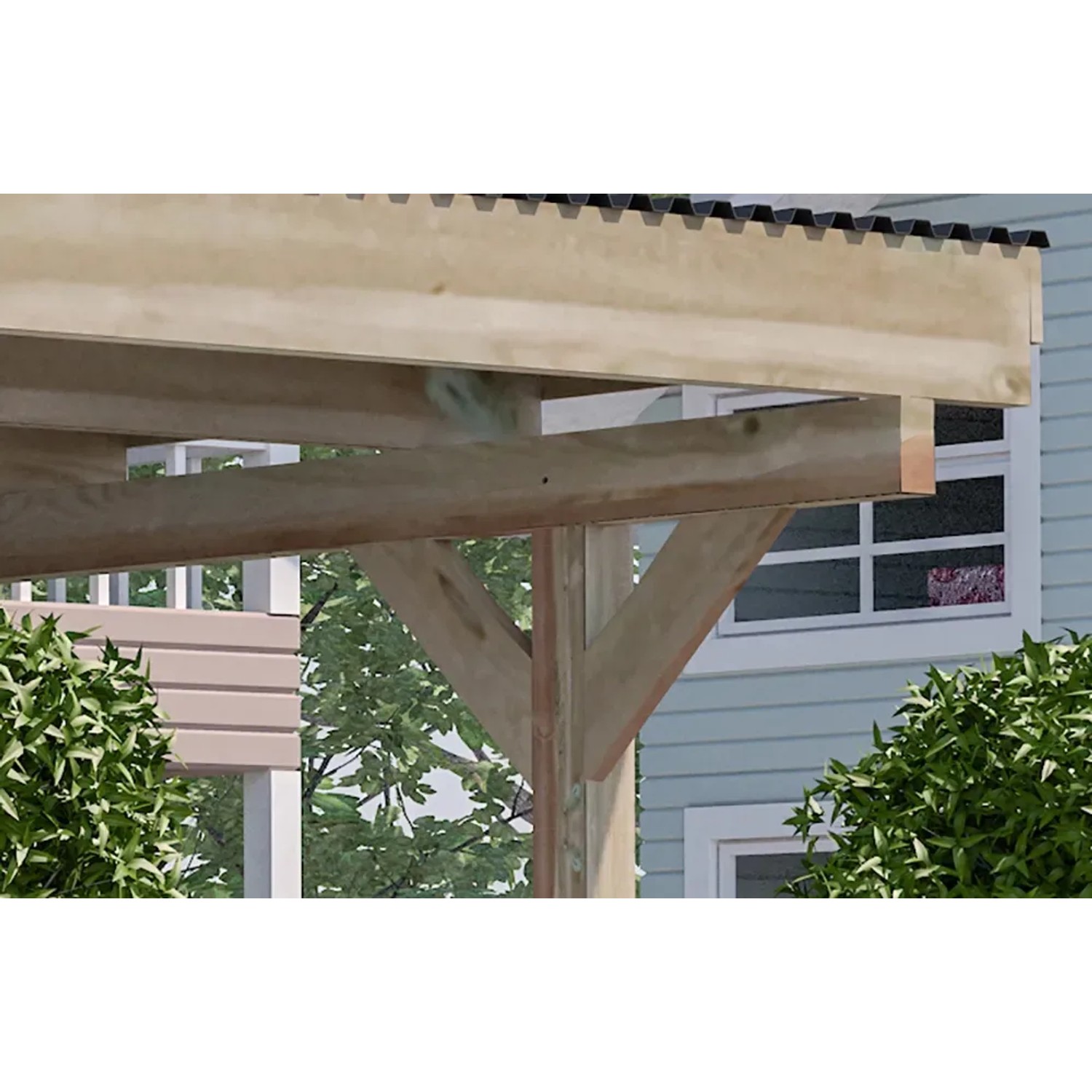 Detailansicht Weka Flachdach-Doppelcarport: Holzkonstruktion mit stabilen Pfosten und Dach.
