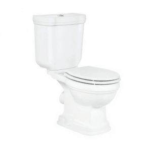 Weißes Retro Stand-WC Kombi Set mit Spülkasten und SoftClose WC-Sitz aus Keramik. Elegantes Design für Toiletten.
