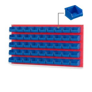PROREGAL Trägersystem mit roter Platte und 45 blauen Sichtlagerboxen. Aufbewahrungssystem für Werkstatt und Lager.