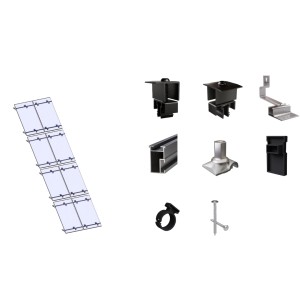 SolMount Montageset für Schrägdach mit 8 Modulen, Anordnung 2x4, schwarz eloxiert, inklusive Zubehör.