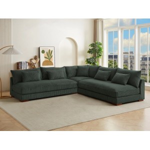 Grünes Ecksofa Sperone aus Samt-Kord mit vielen Kissen. Modernes 6-Sitzer Sofa für das Wohnzimmer.