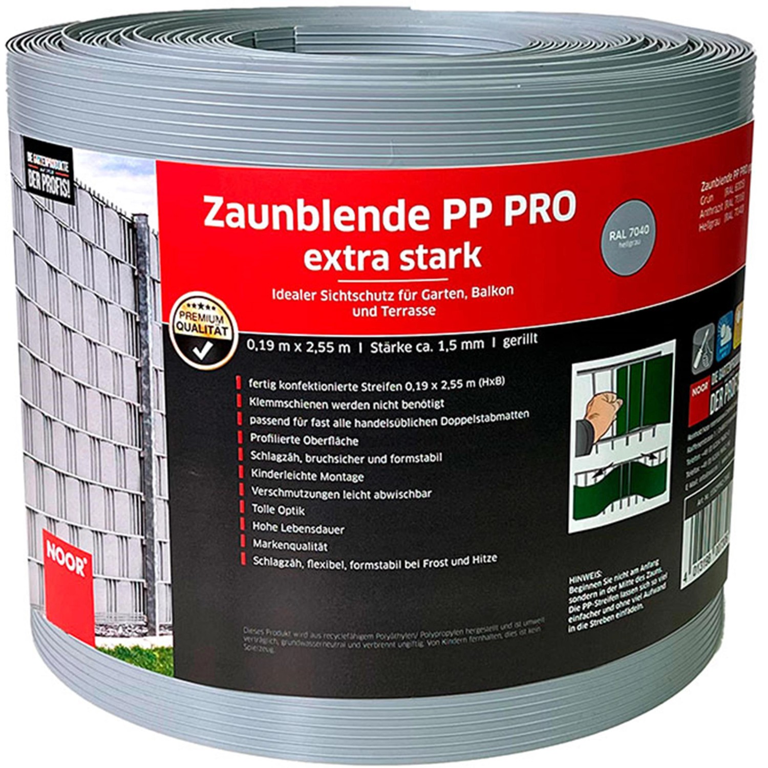 Noor Sichtschutzstreifen PP Pro Extrastark 0,19 m x 2,55 m Hellgrau günstig online kaufen