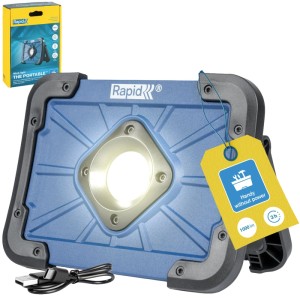 Blaue Rapid LED-Arbeitsleuchte mit Akku, 1000 Lumen, mit USB-Kabel und Produktverpackung.