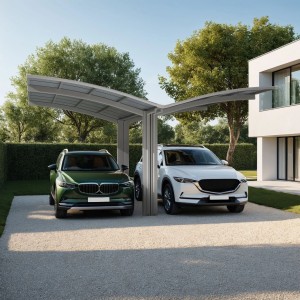 Ximax Carport Portoforte-80 in Edelstahl-Optik mit zwei geparkten Autos vor modernem Haus.