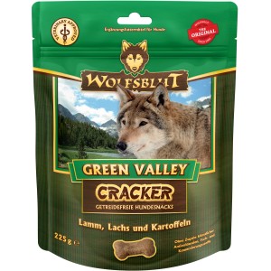Wolfsblut Green Valley Cracker: Hunde-Belohnungssnacks mit Lamm, Lachs und Kartoffel im grünen Beutel.