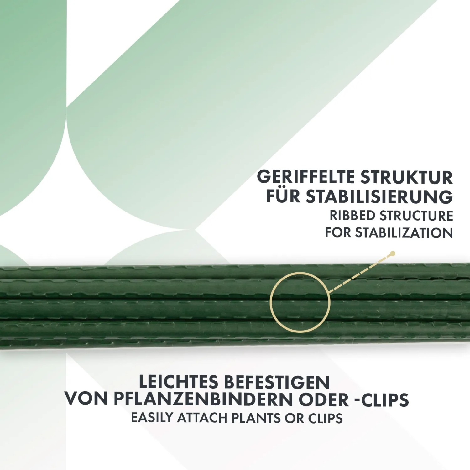 Detailaufnahme von grünen KARAT Pflanzenstäben (10er-Set) mit geriffelter Oberfläche zur Stabilisierung.