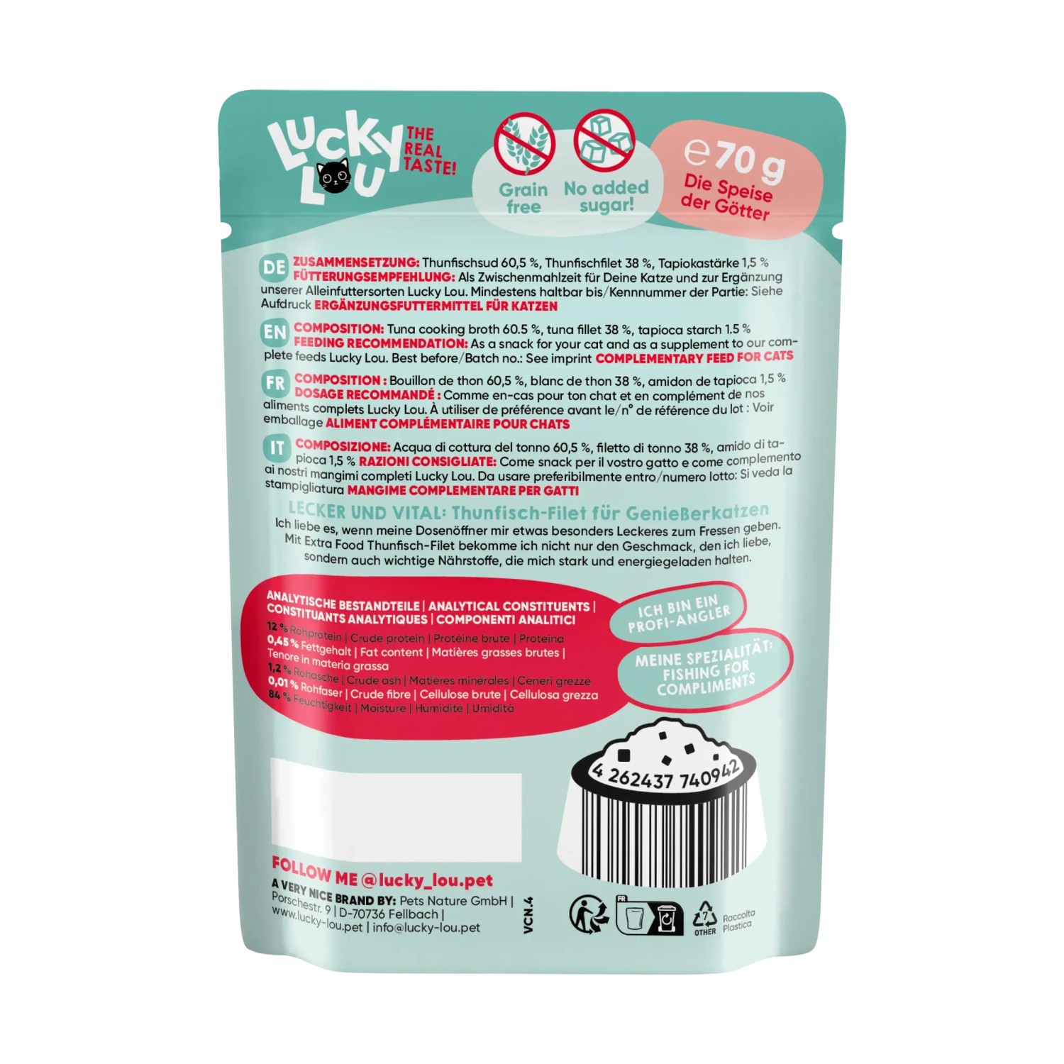 Lucky Lou Katzen-Nassfutter Thunfisch in Jelly, 70g Portionsbeutel für Katzen.