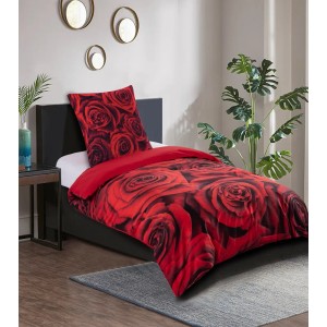 SANILO Bettwäsche 2-teilig mit Rosenmuster in Rot und Schwarz auf einem Bett.