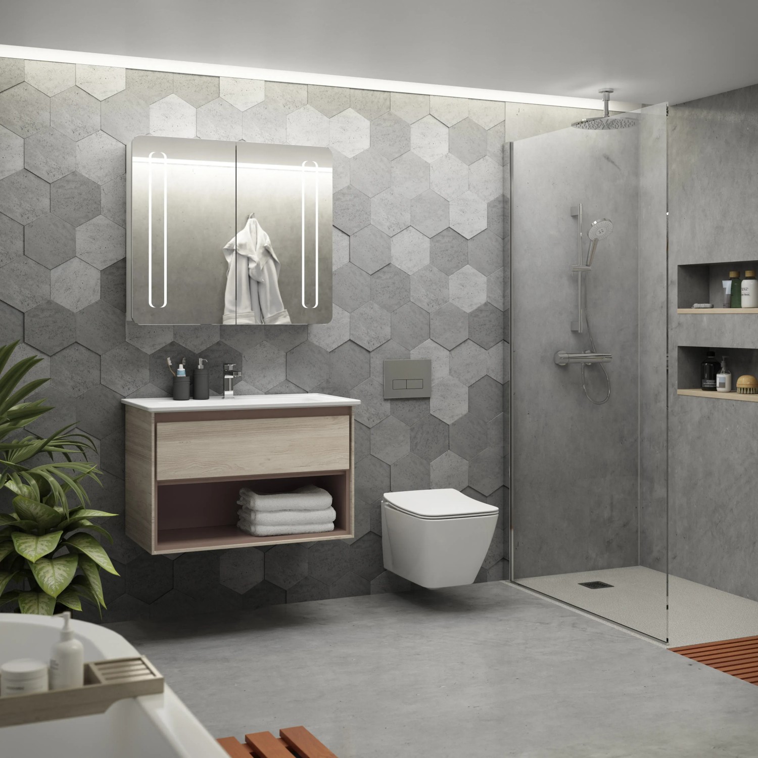 Modernes Bad mit Ideal Standard Wand-WC Strada II, spülrandlos in Weiß und Waschtisch mit Spiegel.