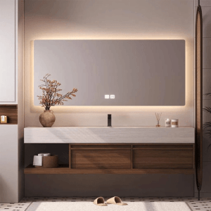 Modernes 120 cm Waschtisch Set aus Sinterstein mit LED Spiegel und Holz-Unterschrank im Badezimmer.