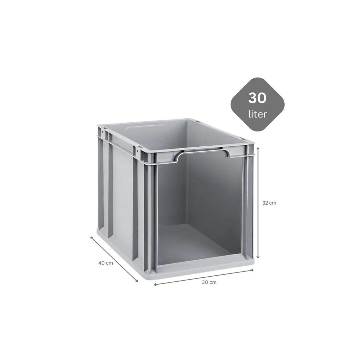 Graue PROREGAL Eurobox NextGen Store, 30 Liter, mit offener Front. Ideal zur Aufbewahrung.