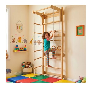 Relaxdays Sprossenwand Holz Natur mit Klimmzugstange Turnringen Strickleiter 215 cm x 80 cm x 57,5 cm 13,2 kg