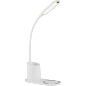 Weiße LED-Tischlampe Melli mit Stifthalter und Wireless-Ladefunktion für Schreibtisch.