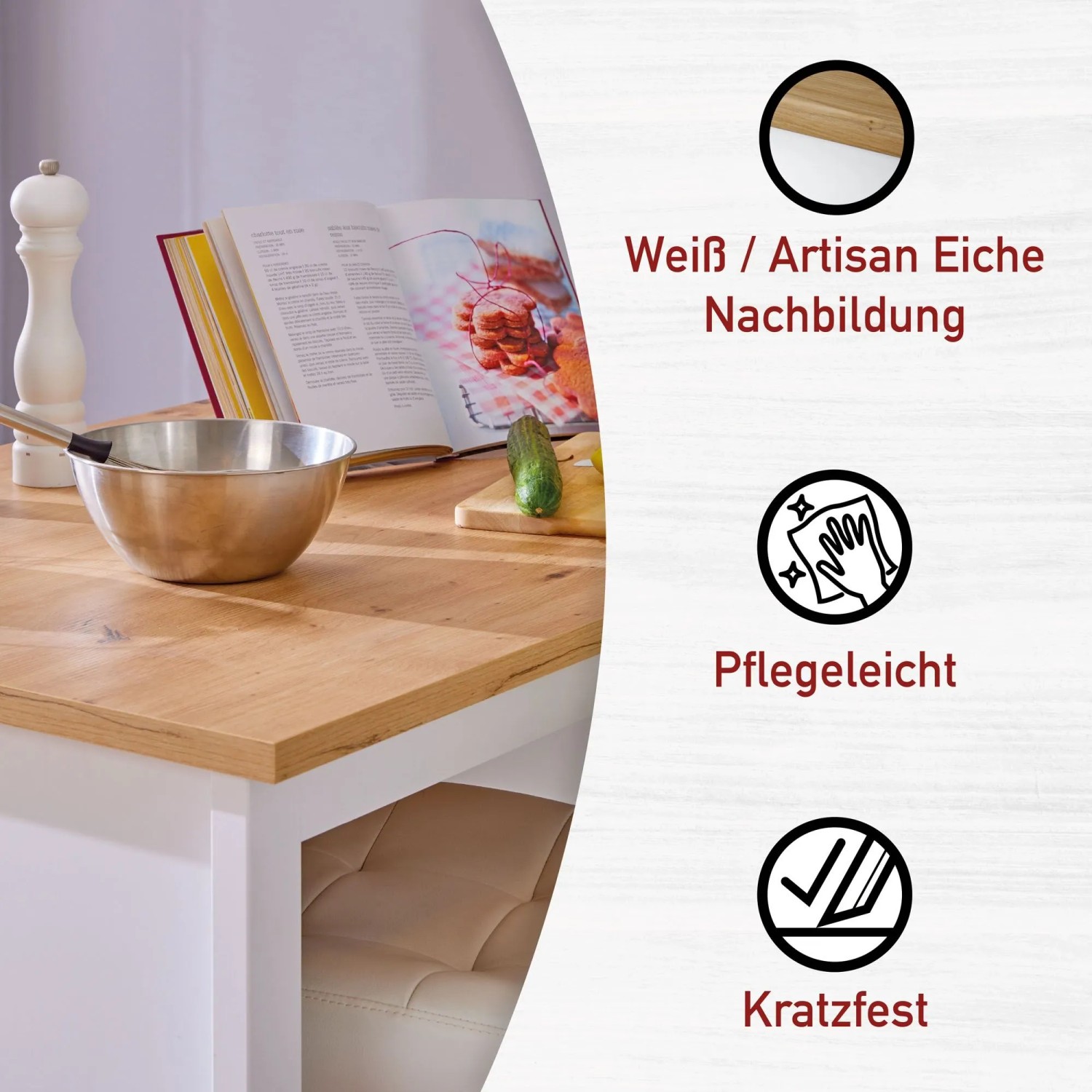 Kücheninsel Julina in Weiß mit Eichen-Arbeitsplatte, mit Platz für Barhocker.