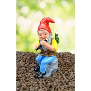 Heissner Gartenzwerg Wendelin, 31 cm, mit Flöte und Vogel, sitzend auf Stein, Gartendekoration.