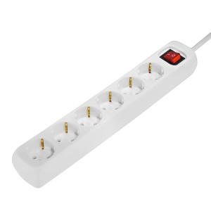 Weiße Hama Steckdosenleiste mit 6-Fach Schalter und 3 m Kabel.