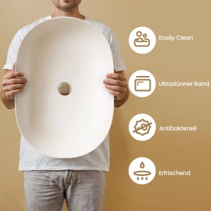 Mattweißes Emke Aufsatzwaschbecken, abgerundetes Rechteck, 60x41,5 cm, Keramik.