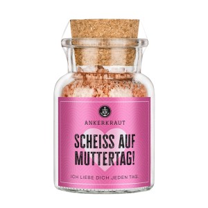 Ankerkraut Salz 'Scheiß auf Muttertag' im Glas mit Korken. Pinke Salzflocken, Geschenkidee.