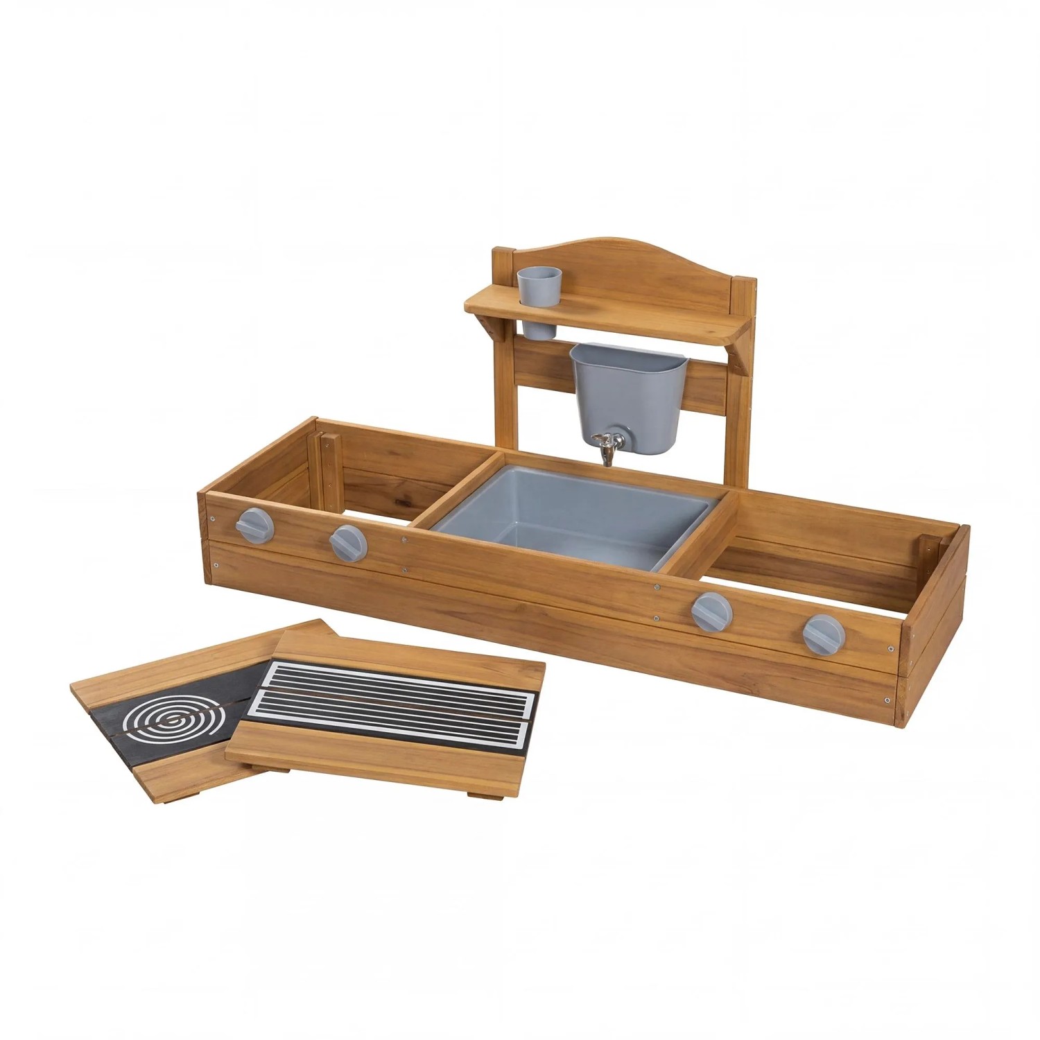 Natürlicher roba 2in1 Balkonsandkasten und Matschküche aus Holz mit Wanne, Wasserhahn und Kochplatten.