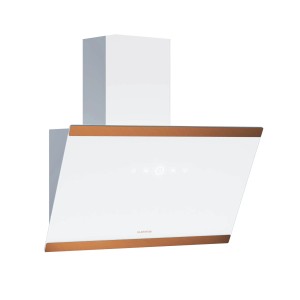 Weiße Klarstein FlashLine 60 Dunstabzugshaube mit Touch-Bedienfeld und braunen Akzenten.
