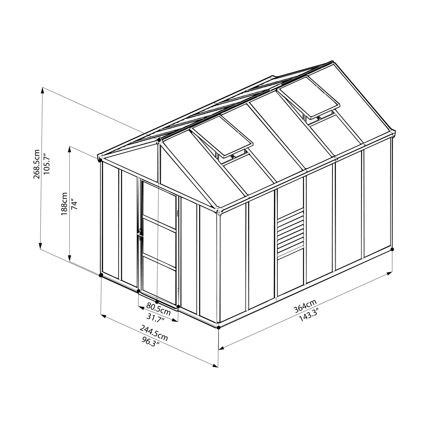 Technische Zeichnung: Palram Canopia Glory Gewächshaus 3.6x2.5m mit Maßen.