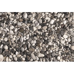 Grau-beige Flusskiesel, 8-16 mm, als Zierkies für Garten und Landschaftsbau.
