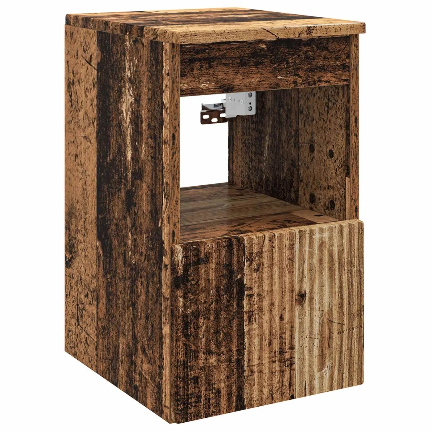 Rustikaler Badezimmerschrank aus Altholz-Holzwerkstoff mit offenem Fach und Tür, Teil eines Badmöbel-Sets.