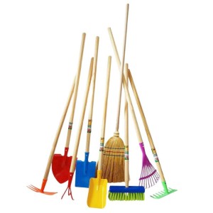 Galaflor Gartenset für Kinder, 9-teilig mit bunten Schaufeln, Rechen und Besen mit Holzstiel.