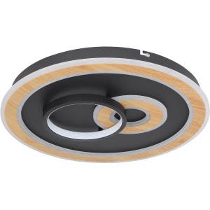Smarte LED-Deckenleuchte Chessy, schwarz matt mit Holzoptik, dimmbar und per App steuerbar.