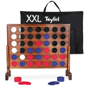 Toyfel Ace 4 Gewinnt XXL aus Kiefernholz mit Spielsteinen und Tragetasche.