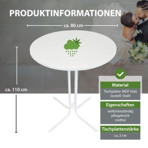 Klappbarer, weißer Stehtisch (Ø 80cm) mit anthrazitfarbener Husse. Ideal für Partys und Events.