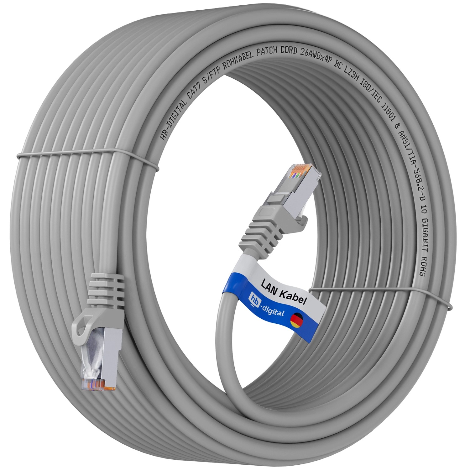 hb-digital 10m LAN Kabel CAT 7 Rohkabel RJ45 S/FTP PiMF LSZH AWG 26 Grau