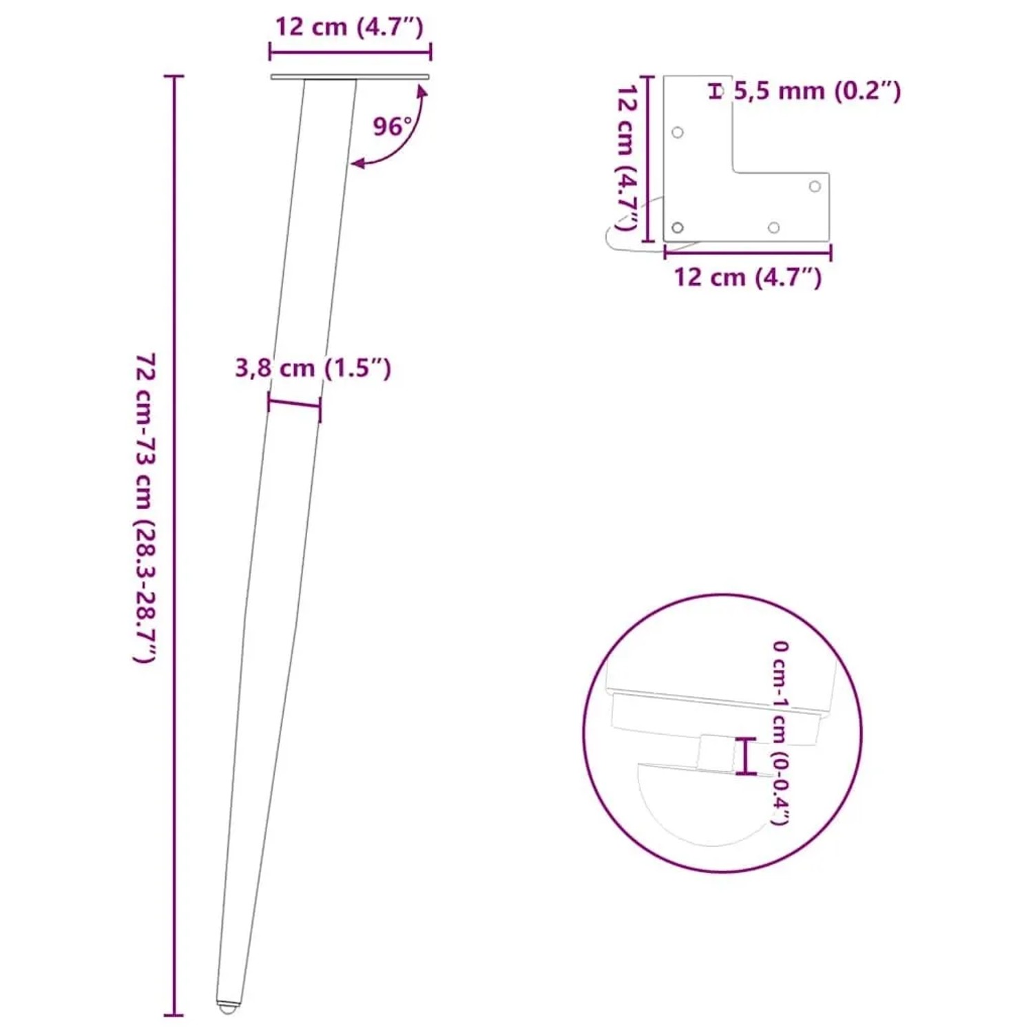 Technische Zeichnung: 4 schwarze, konische vidaXL Möbelbeine aus Stahl, 72-73cm hoch, mit Maßangaben.