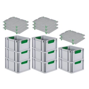 PROREGAL Spar Set: 8 Euroboxen Nextgen mit Deckel, 22x30x40cm, grüne Griffe, glatter Boden.