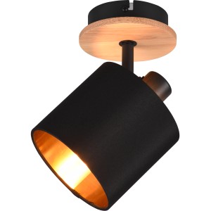 Reality Strahler Tommy, 1-flammig, Holzfarbig, Deckenspot mit schwarzem Stoffschirm und goldener Innenseite.